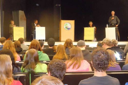 mayoral candidates from Central and North Frontenac, l-r, Francis Smith, Claudio Valentini, Janet Gutowski and Ron Higgins at a special Student Vote assembly at Granite Ridge Education Centre on October 14